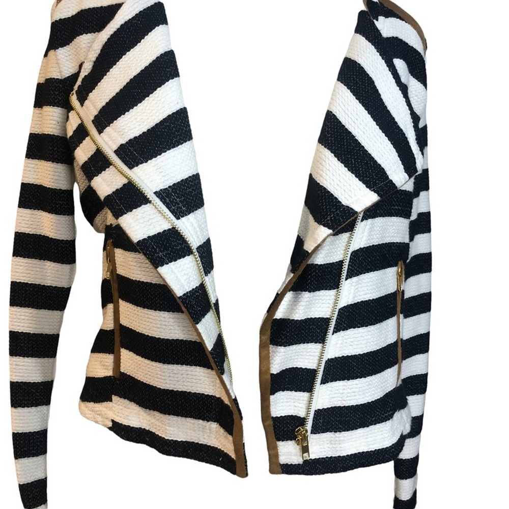 Gibson & Latimer NWT Black White Tan Brown Striped Moto Jacket Small - Picture 3 of 14